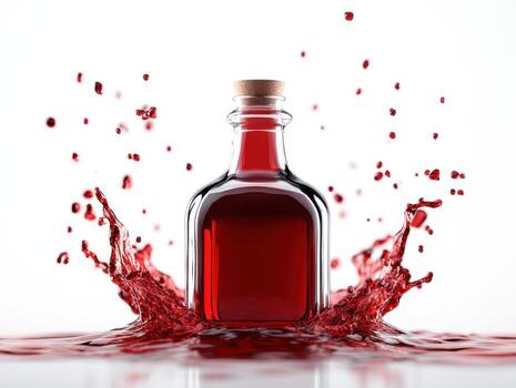 A bottle of red liquid with a cork stopper and a splash on a white surface photo