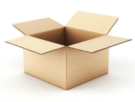 un abierto vacío cartulina caja en un blanco superficie Listo para embalaje artículos arriba foto