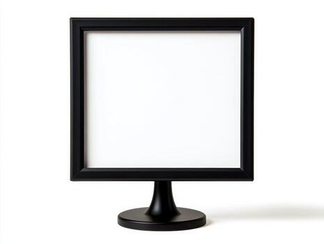 A simple square frame with a pedestal base sits against a white backdrop photo