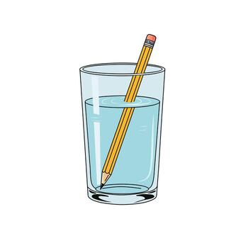 ilustración de un vaso de agua con un lápiz demostración refracción efecto. Ciencias concepto de ligero doblando, física experimento, y óptico espejismo vector