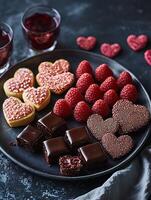 San Valentín día trata chocolate Brownies y corazón conformado galletas con frambuesas y bebidas foto