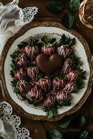 romántico chocolate cubierto fresas y un corazón conformado chocolate tratar. foto