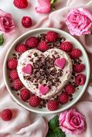 delicioso corazón conformado frambuesa chocolate postre con rosado rosas. foto