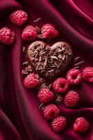 corazón conformado chocolate y frambuesas en lujoso seda tela foto