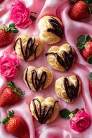 delicioso corazón conformado pasteles con chocolate llovizna y Fresco fresas foto