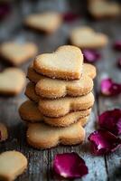 dulce corazón conformado galletas apilado alto con Rosa pétalos dispersado alrededor. foto
