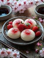 Delicate Pink Blossom Dessert with Fresh Strawberries and Tea. photo