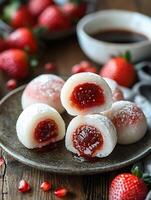 Delicious Strawberry Filled Mochi Sweet Treats on a Rustic Table photo