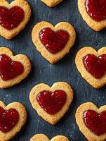 delicioso corazón conformado galletas con rojo baya mermelada relleno para san valentin día foto