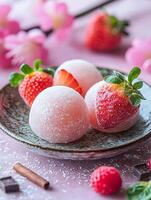 Sweet Strawberry Mochi Delights with Pink Blossoms and Dark Chocolate. photo