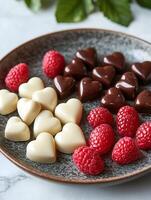 corazón conformado chocolates y Fresco frambuesas en un texturizado lámina. foto