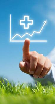 Hand pointing to a graph on a screen with a cross on it photo