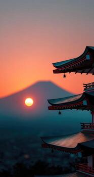 The sun sets behind a pagoda in front of a mountain photo