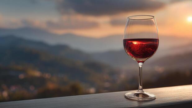 A glass of red wine on a table in front of a mountain view photo
