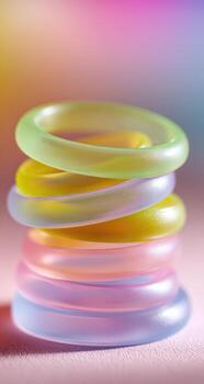 A stack of colorful rings sitting on top of a pink background photo