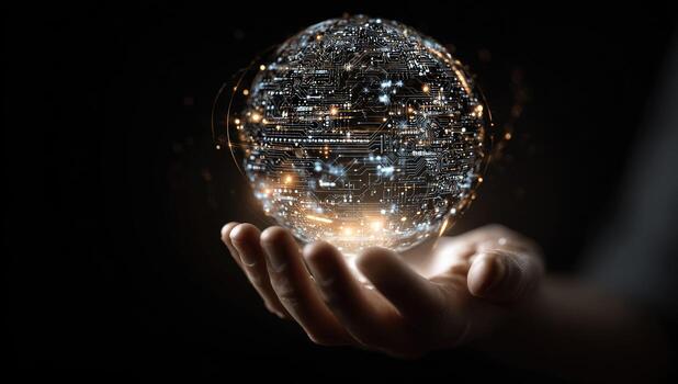 A hand holding a glowing sphere with a network of dots photo