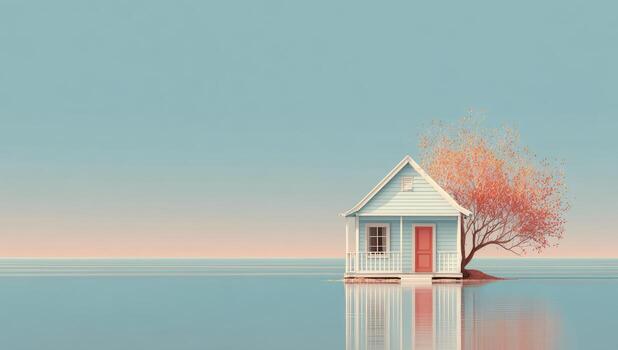 A small house on the water with a tree in the middle photo