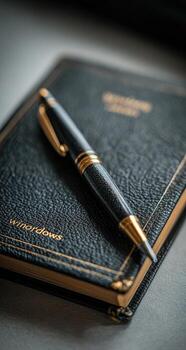 A pen and a black notebook on a table photo