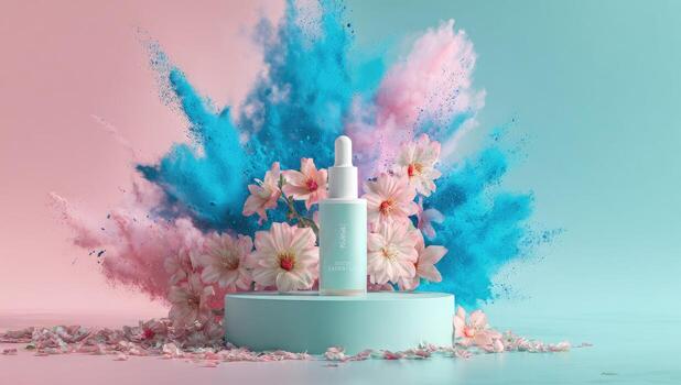 A bottle of liquid and powder on a table photo