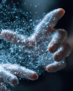 Hands touching a network of dots photo