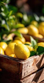 A wooden crate with lemons sitting on top of a tree photo