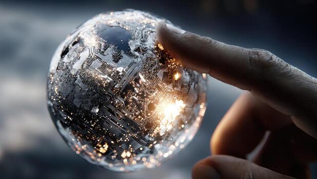 A person holding a glass sphere with a light shining through it photo