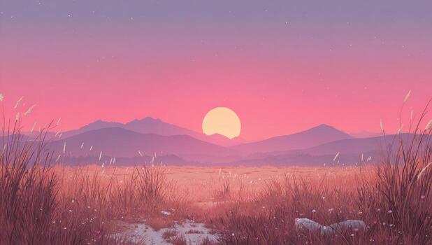 A sunset over a field with grass and mountains photo