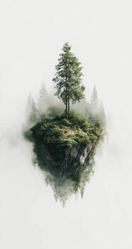An island with a tree on it in the fog photo