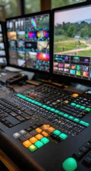 A television control room with multiple monitors photo