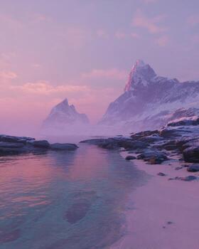 A snowy mountain range with a beach and water photo