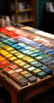 A table with many different colored paints on it photo