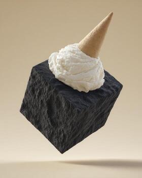 An ice cream cone floating in the air on top of a black block photo