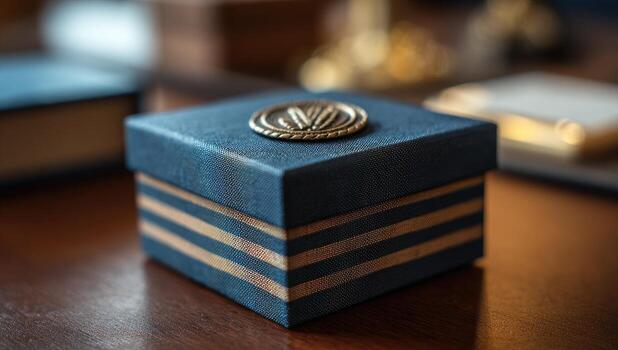 A blue box with a gold and blue stripe photo
