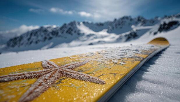 A yellow snowboard with a starfish on it photo