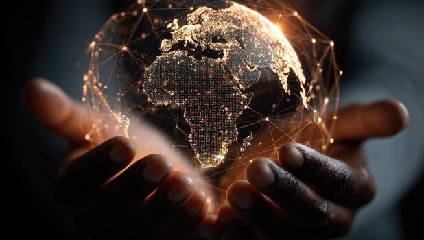 African business man holding world globe with network lines and dots concept of globalisation and business photo