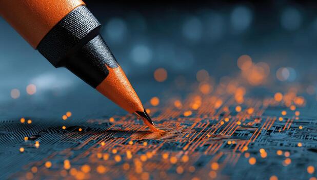 A pen is writing on a circuit board photo