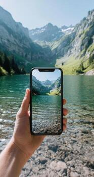 A hand holding up a smartphone with a landscape view of a mountain lake photo