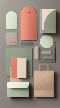 A variety of paper and other items arranged on a gray surface photo