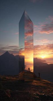 A man standing in front of a mirror with a mountain in the background photo