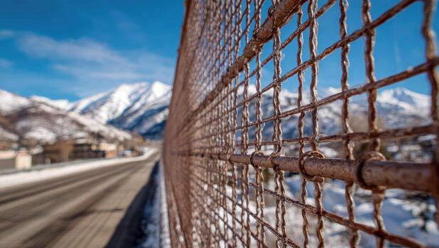 A fence with snow on the ground and mountains in the background photo