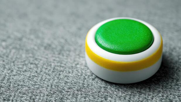 A green and yellow button on a gray surface photo