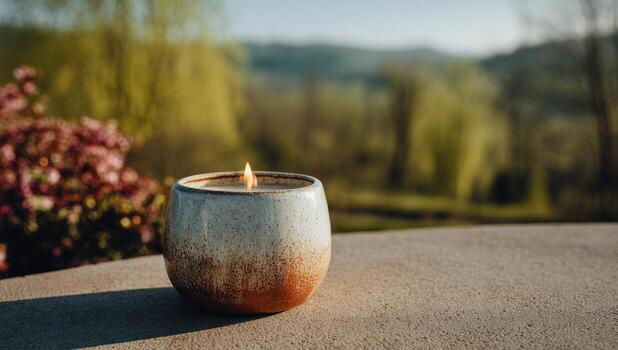 A candle sitting on a table in front of a view photo