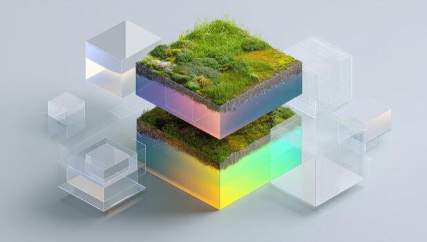 A 3d rendering of a cube with grass and a rainbow photo