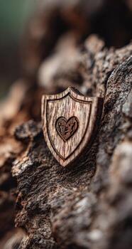 A wooden badge with a heart on it photo