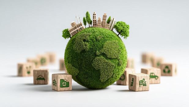 Eco-friendly concept of green earth with city and trees 3d rendering photo