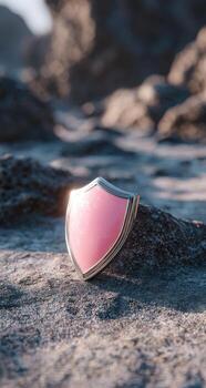 A pink shield on a rock with a sun behind it photo