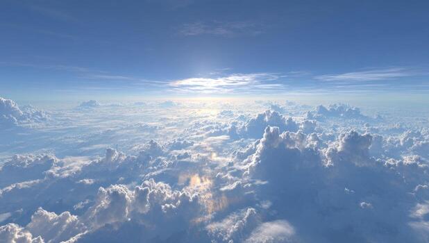 The sun shines brightly over the clouds in this photo