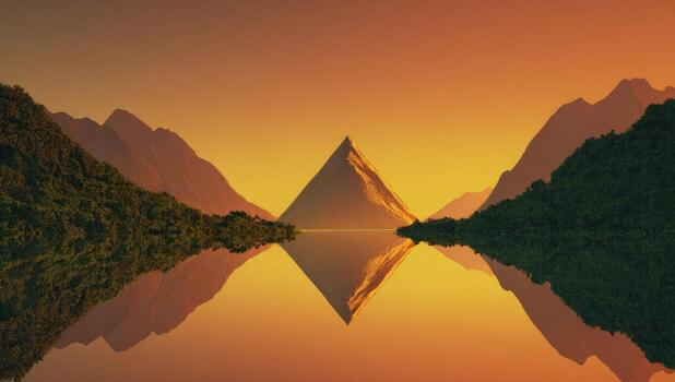 A mountain with a triangle reflecting in the water photo
