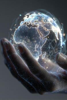 A hand holding a globe with a network connection photo