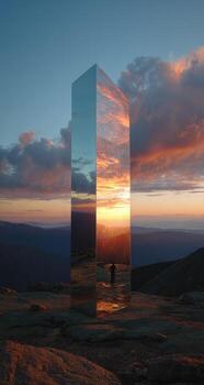 A man standing in front of a mirror in the middle of a mountain photo